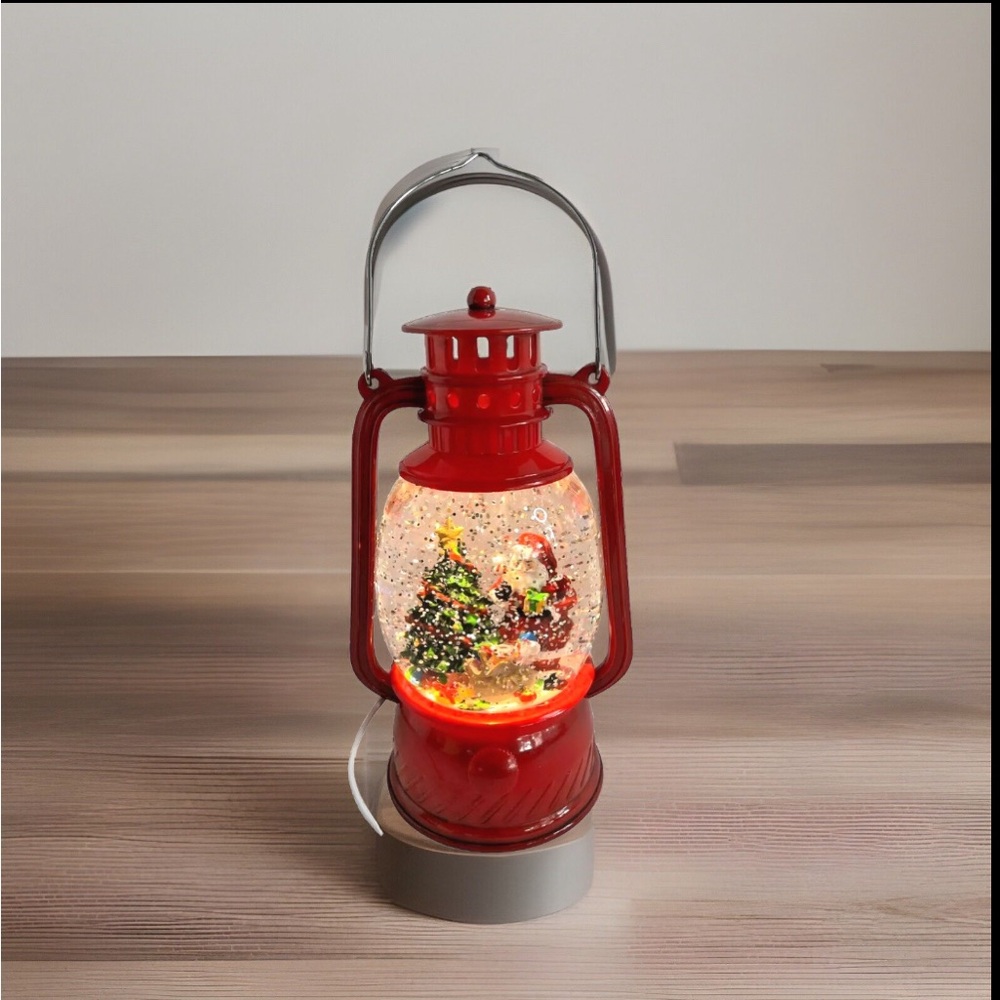 Santa Clause Snow Globe Lantern Christmas Tree Lights Swirling Glittery WORKS